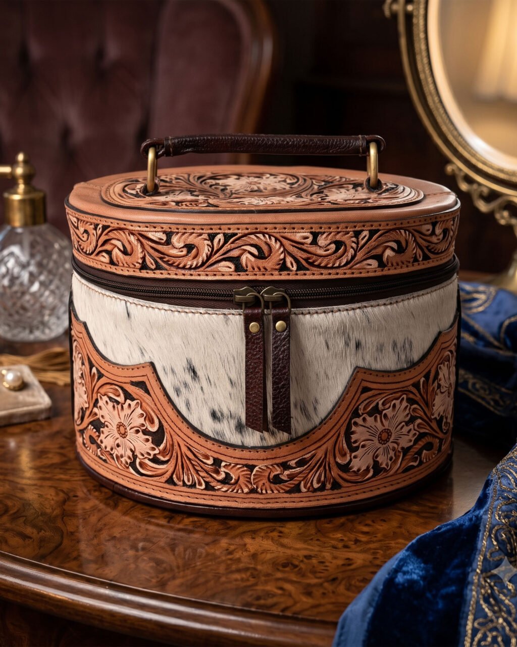 Premium Hand-Tooled Full Grain Leather Round Cosmetic Box with Hair-On Leather