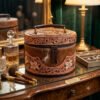 Premium Hand-Tooled  Full Grain Leather Makeup Organizer Box With Brown Hair-On Leather