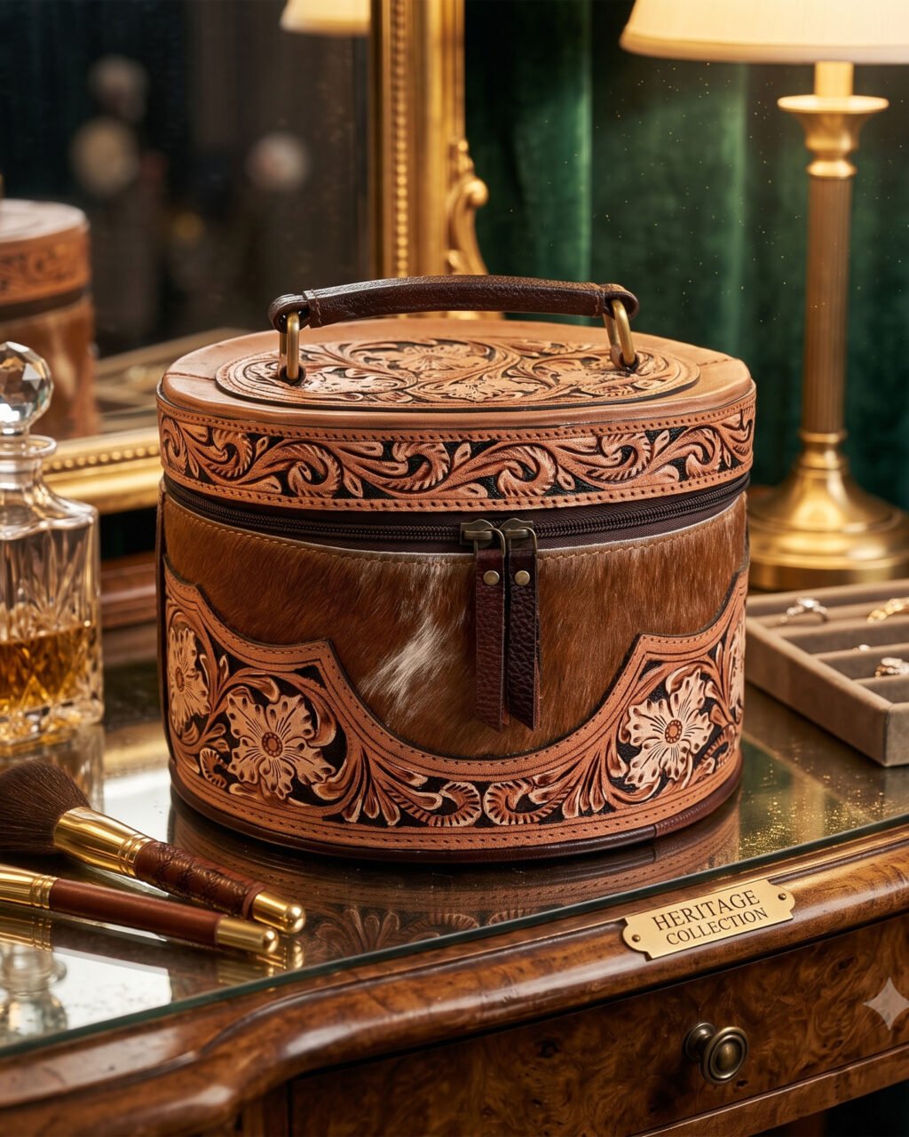 Premium Hand-Tooled  Full Grain Leather Makeup Organizer Box With Brown Hair-On Leather