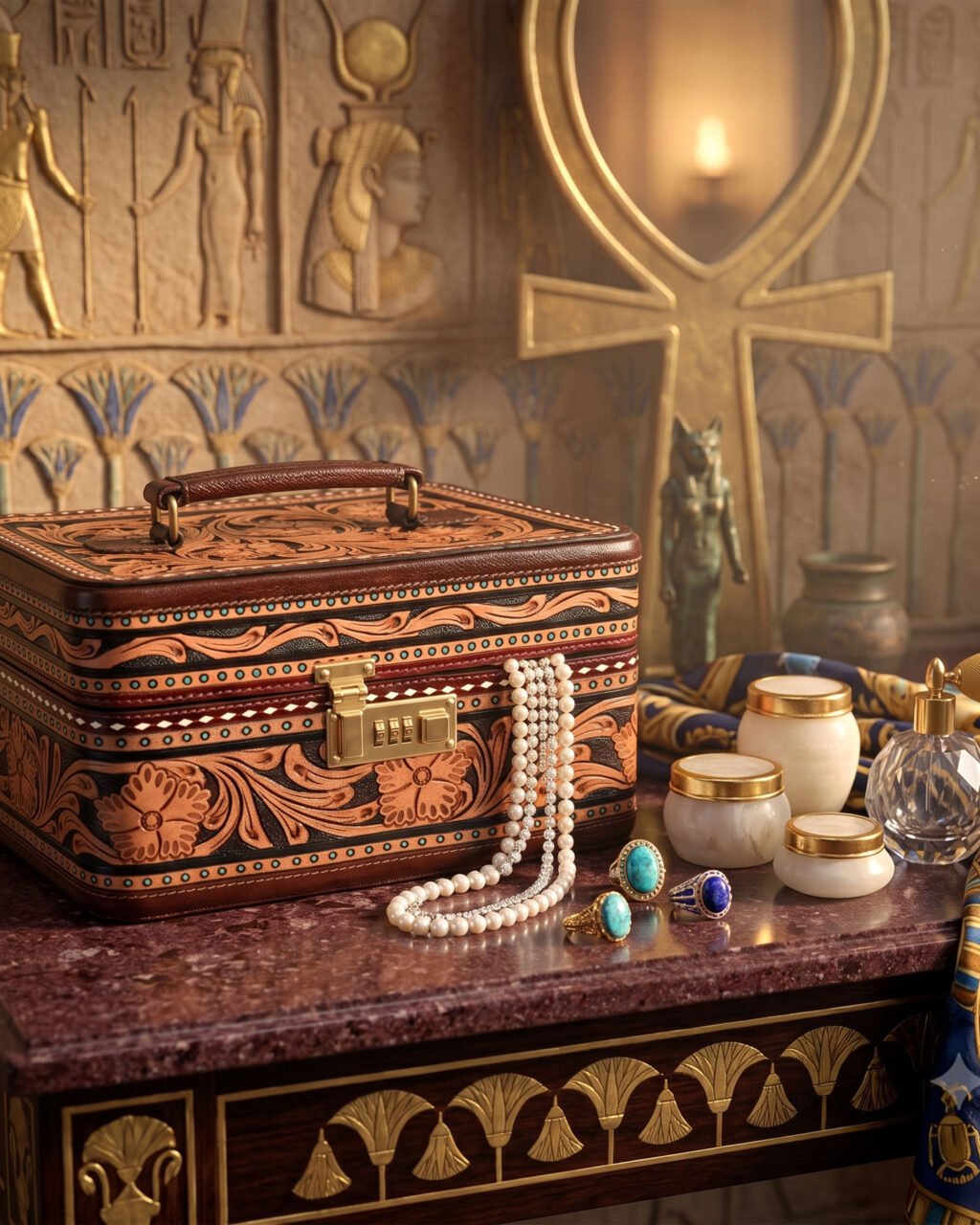 Premium Hand-Tooled Full-Grain Leather Two-Tone Floral Western Jewelry Box with Lock & Removable Tray