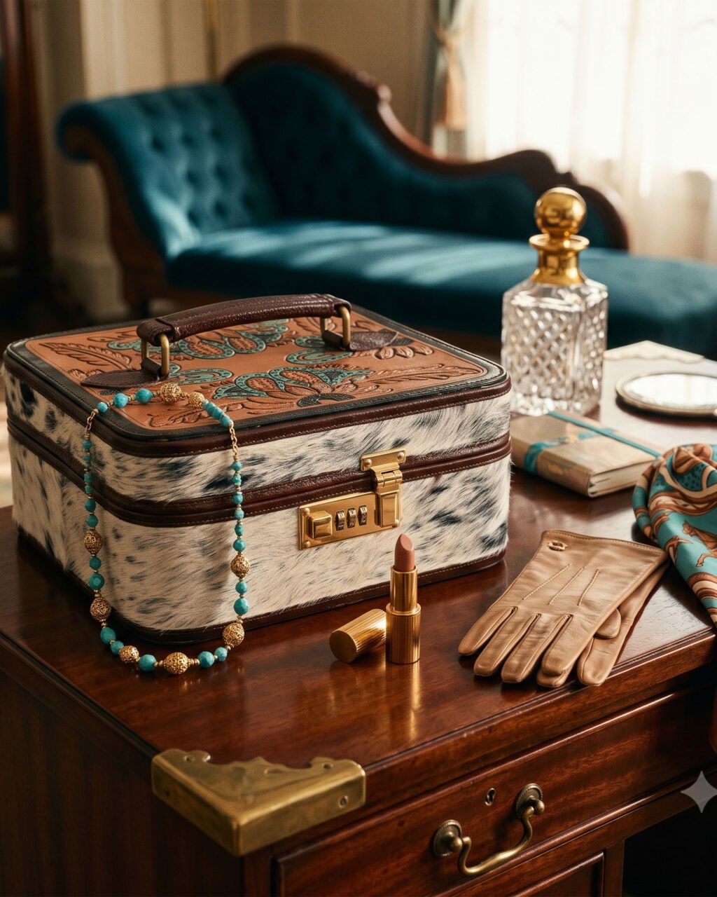 Signature Hand-Tooled Full-Grain Leather With Salt & Pepper Hair-on Hide Luxury Jewelry Organizer