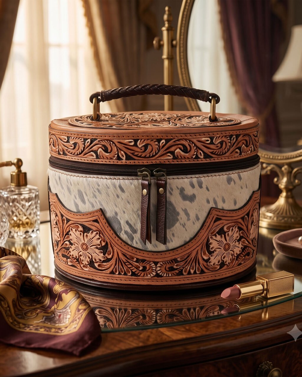 Premium Hand-Tooled Full Grain Leather Makeup Organizer Box with Hair-On Leather